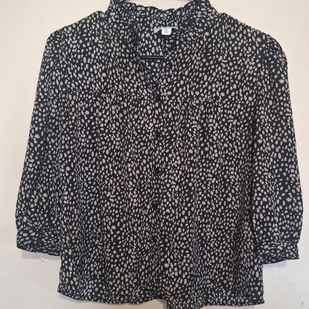 Elegant Black and Cream Abstract Dot Button Up Blouse Button Elbow Sleeve Light